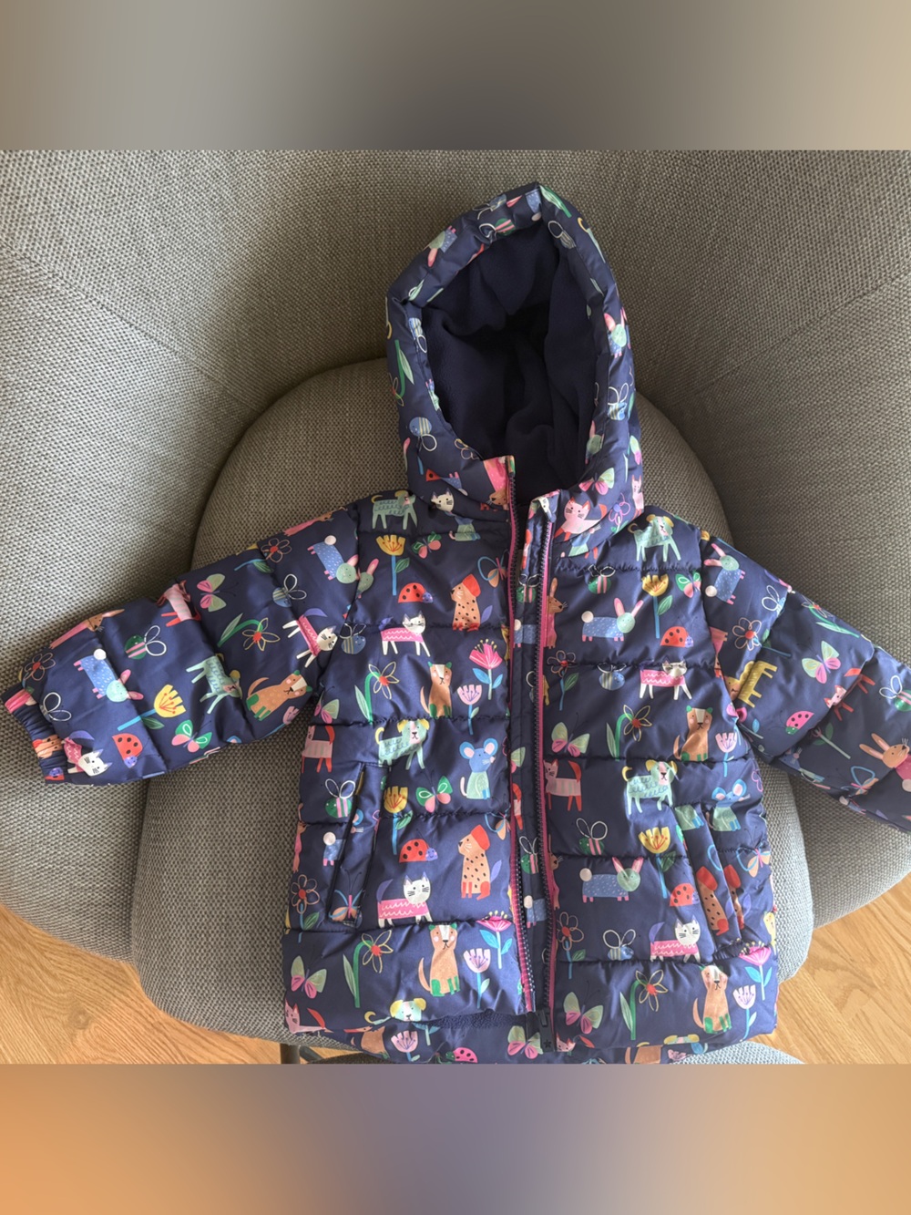next Navy Kids Puffer Jacket with Colorful Animal & Floral Print